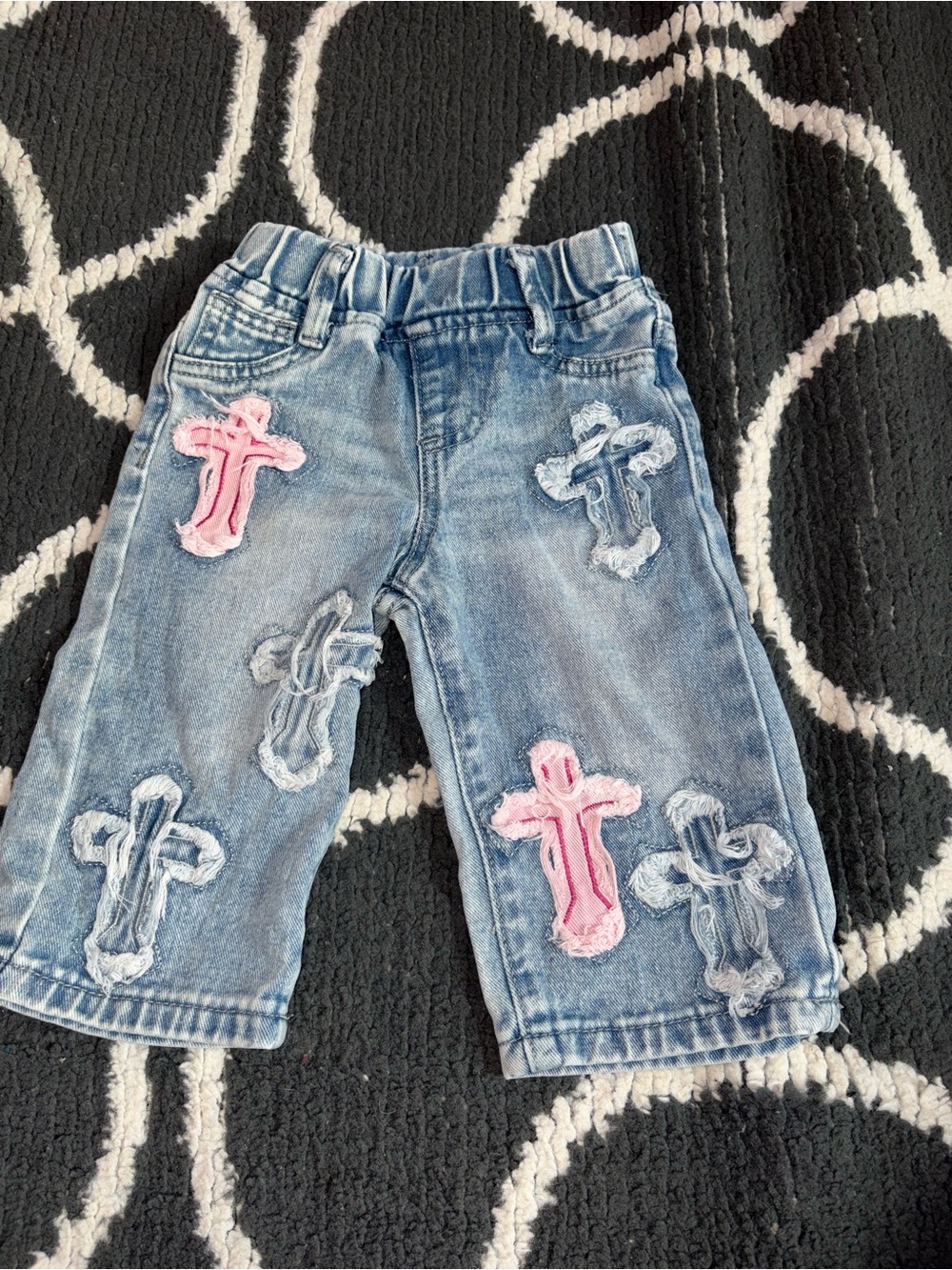 Girls' Light Blue Denim Cross Patch Jeans with Pink Accents - Picture 1 of 2
